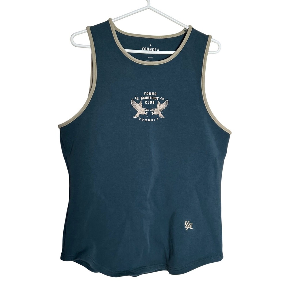 YoungLA Ambitious Co Club Tank Top Teal Blue Ringer Gym Shirt Workout Medium